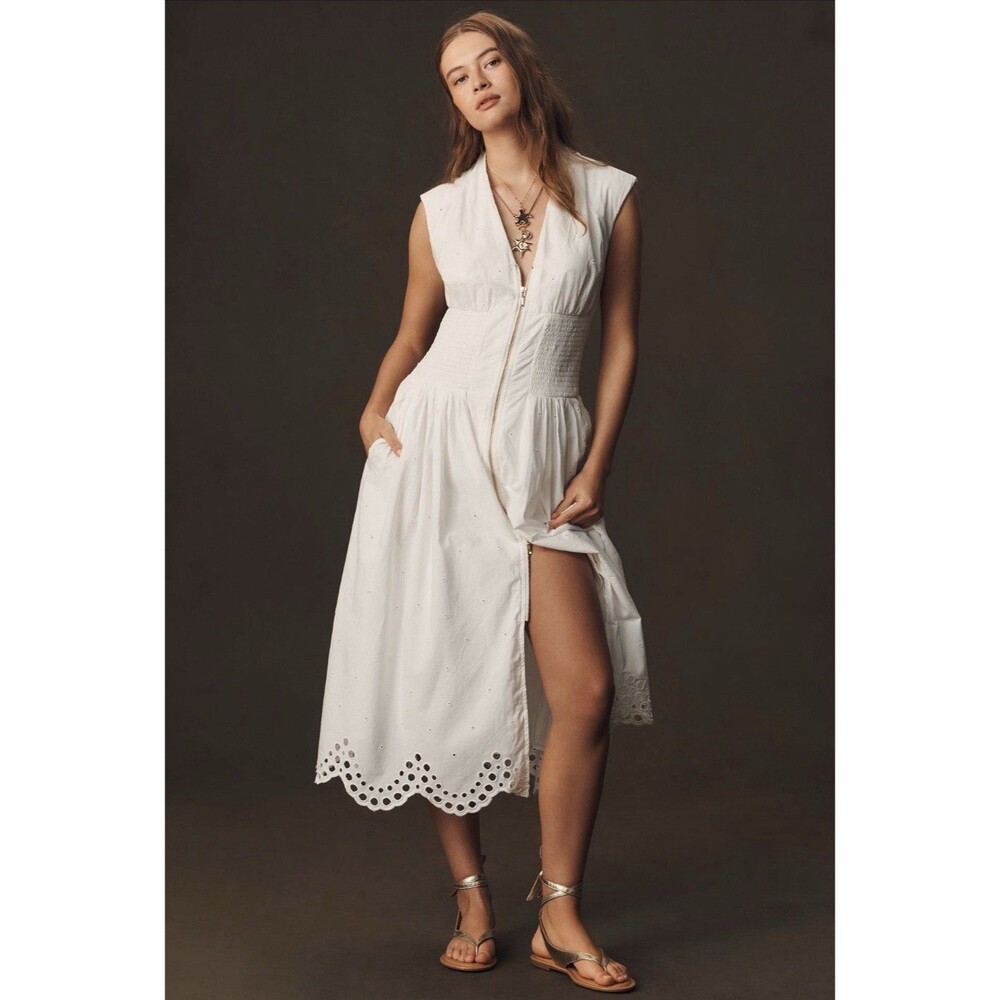 Anthropologie Shirt Dress Front Zip Tommie Cap Sleeve Eyelet Preppy Large NWT